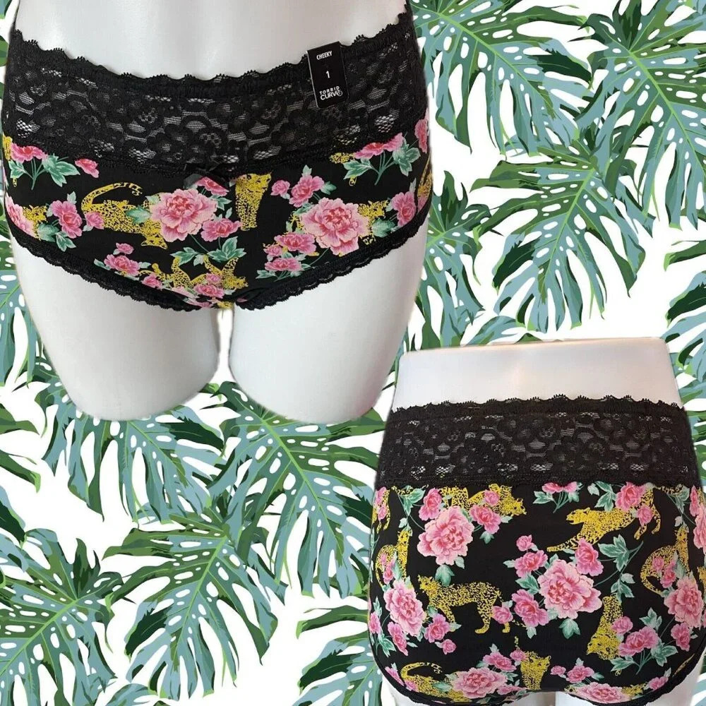 Torrid +3 Black Floral & Cheetah Print Scallop Lace Waistband Cheeky Panties